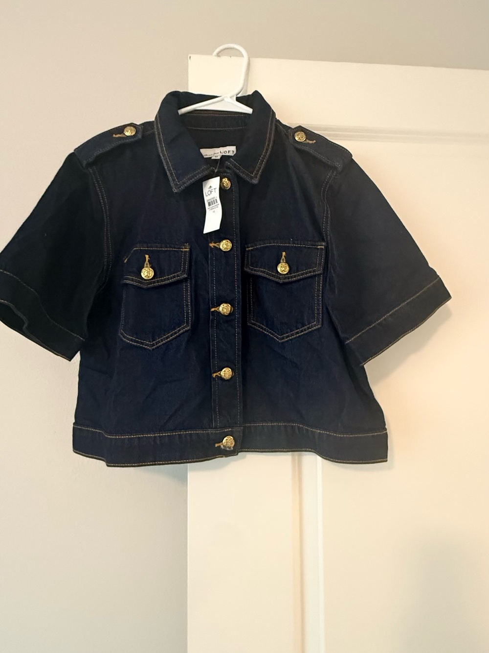 LOFT Black Short-Sleeve Jean Jacket with Gold Buttons - Picture 10 of 14